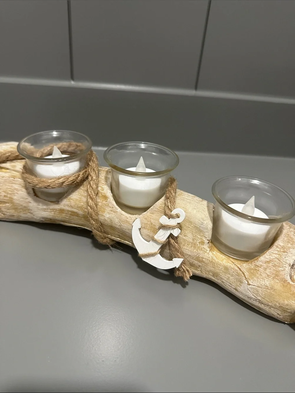 Driftwood 3-Votive Candle Holder with White Anchor Accent